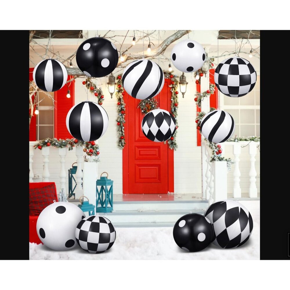 Black & White Inflatable Christmas Ornaments Set Of 12 With Polka Dot & Checkere